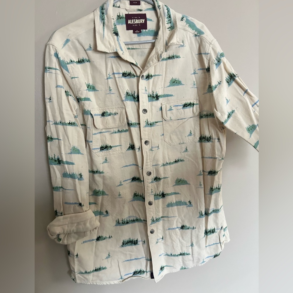 AllSaints Cream and Green Button Down Shirt